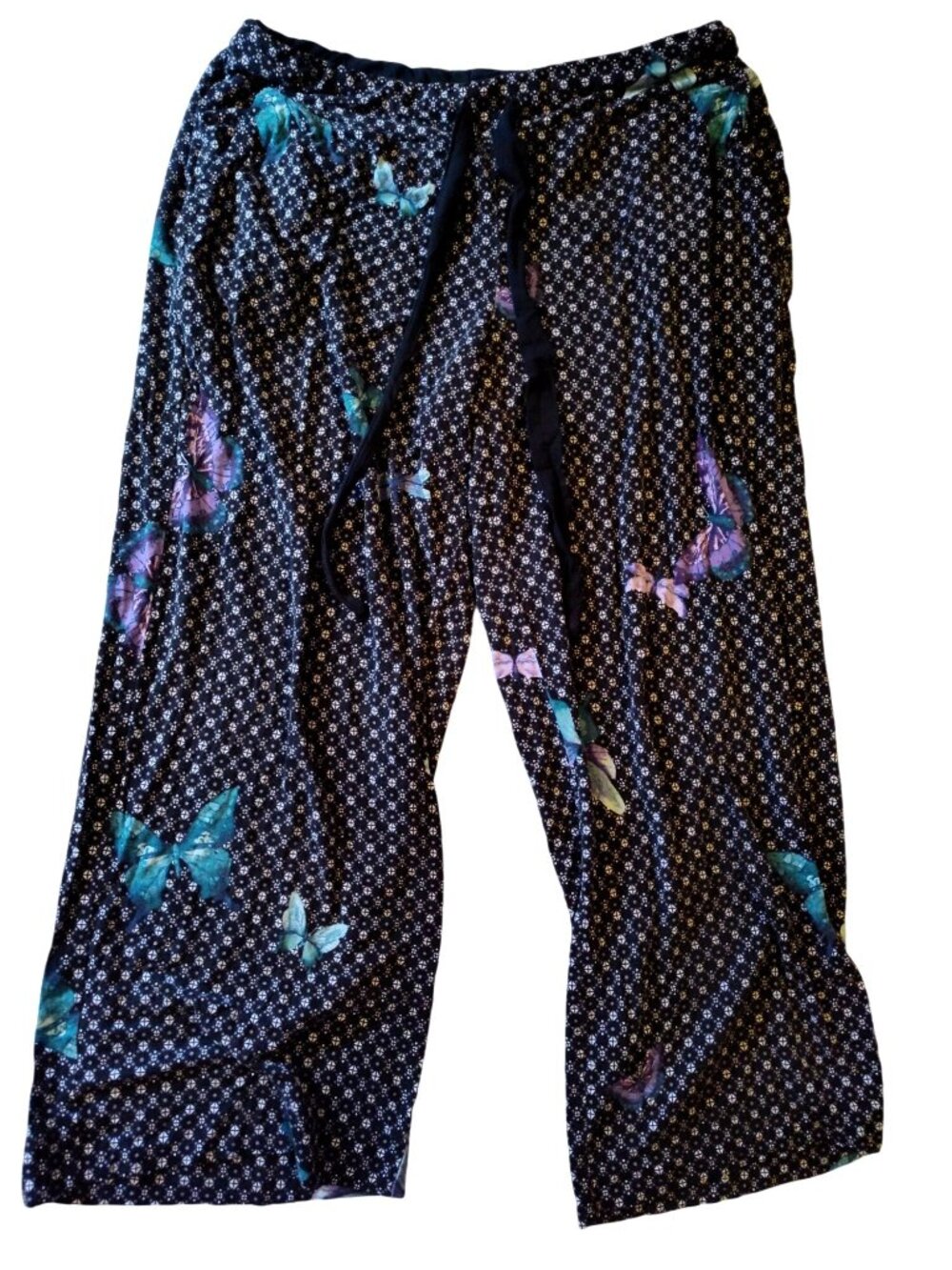 Soma Womens Small Black Butterfly Print Pants Rayon Blend Elastic Waistband & Dr